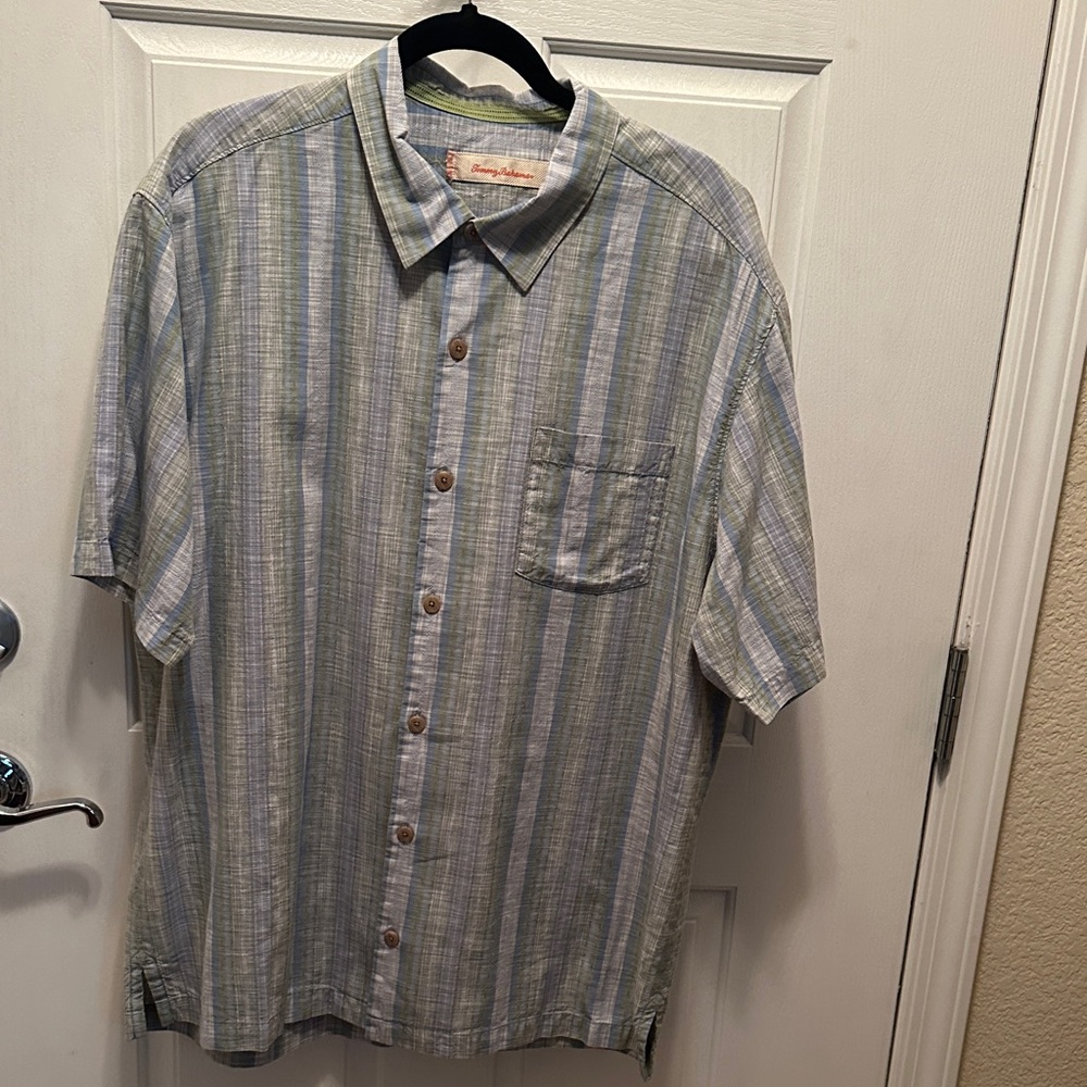 Tommy Bahama Silk Cotton Blend Green and Blue Striped Button Down Shirt XL